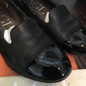 AGL black leather, patent toe loafer